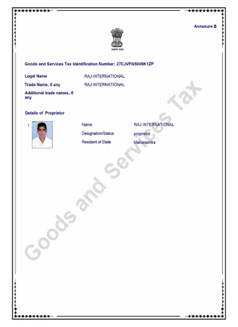 Raj International GST Certificate